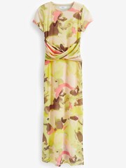 Yellow Smudge Print Short Sleeve Mesh Midi Dress - Image 5 of 6