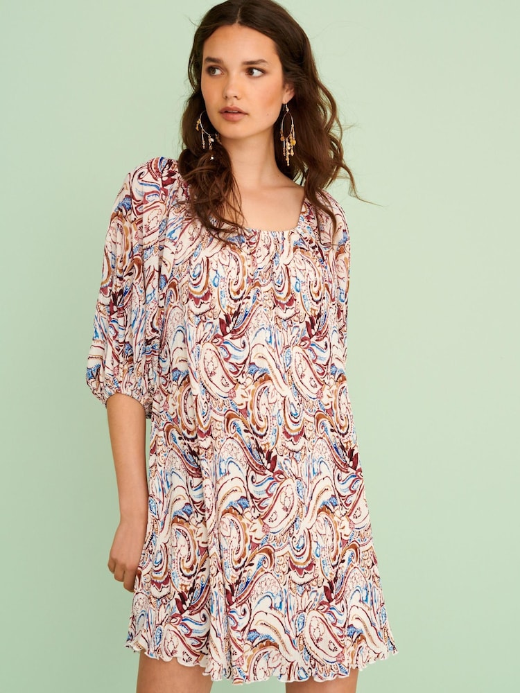 Ecru-Creme/Paisleymuster - Plissiertes Minikleid mit kurzen Puffärmeln - Bild 1 von 7