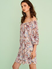 Ecru-Creme/Paisleymuster - Plissiertes Minikleid mit kurzen Puffärmeln - Bild 4 von 7