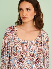 Ecru-Creme/Paisleymuster - Plissiertes Minikleid mit kurzen Puffärmeln - Bild 5 von 7