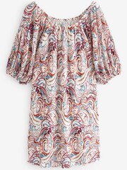 Ecru-Creme/Paisleymuster - Plissiertes Minikleid mit kurzen Puffärmeln - Bild 6 von 7