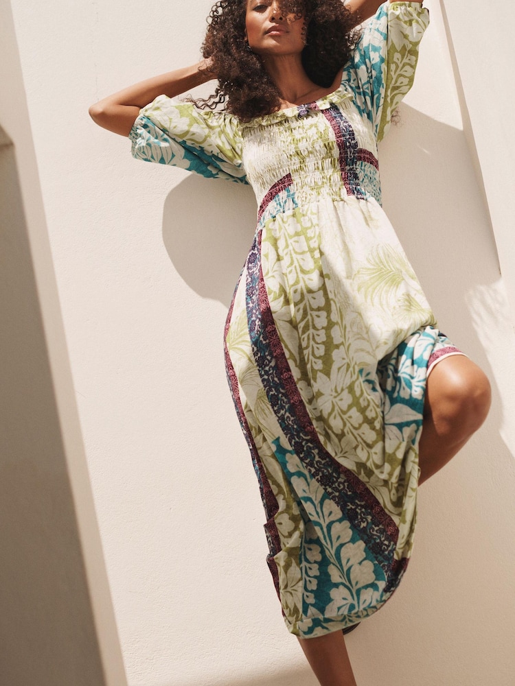 Lime Green Floral Placement Print Puff Sleeve Square Neck 100% Cotton Midi Dress - Image 2 of 7 Lime Green Floral Placement Print Puff Sleeve Square Neck 100% Cotton Midi Dress - Image 2 of 7