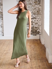 Khaki Green Double Layered Racer Vest Ribbed Midi Dress - Image 1 of 5