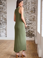 Khaki Green Double Layered Racer Vest Ribbed Midi Dress - Image 3 of 5