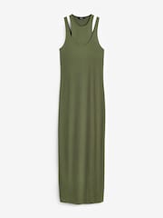 Khaki Green Double Layered Racer Vest Ribbed Midi Dress - Image 5 of 5