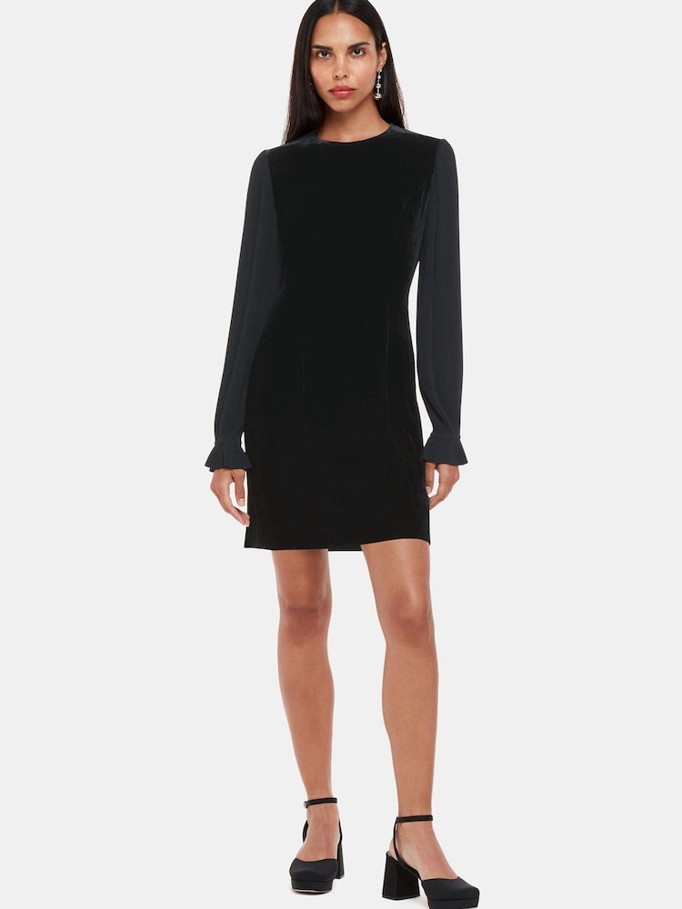 Whistles Velvet Pleat Sleeve Black Mini Dress - Image 1 of 5