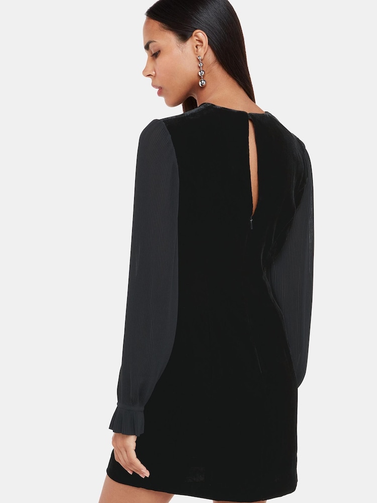Whistles Velvet Pleat Sleeve Black Mini Dress - Image 2 of 5