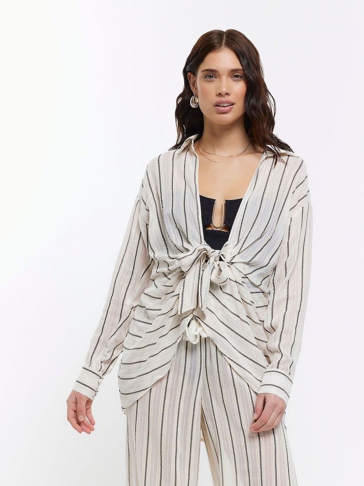River Island Beige Oversize Tie Front Beach Shirt - Image 1 of 1 River Island Beige Oversize Tie Front Beach Shirt - Image 1 of 1