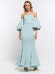 River Island Blue Bardot Puff Sleeve Maxi Dress - Image 1 of 4