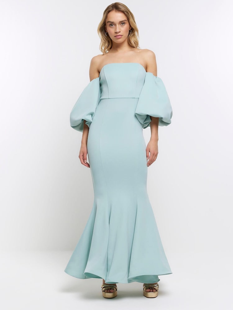 River Island Blue Bardot Puff Sleeve Maxi Dress - Image 1 of 4