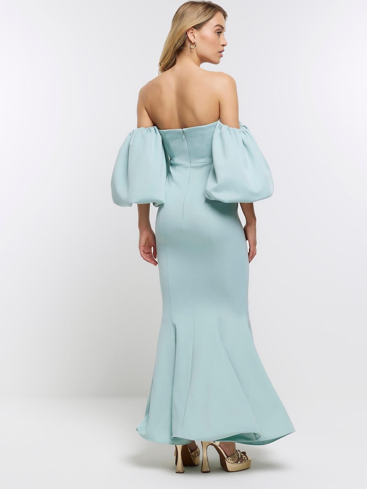 River Island Blue Bardot Puff Sleeve Maxi Dress - Image 2 of 4