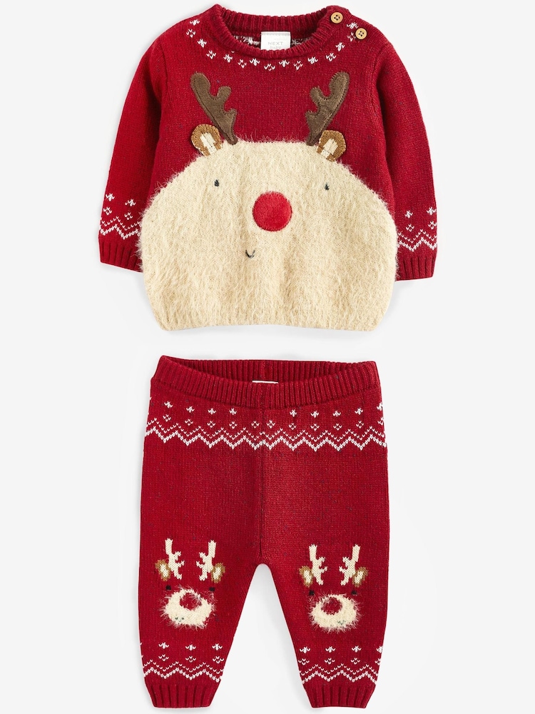 Red Reindeer Baby Knitted Jumper And Leggings Set (0mths-2yrs) - Image 1 of 9
