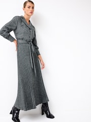 Grey Check Pleated Long Sleeve Midi Dress - Image 1 of 5