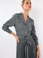 Grey Check Pleated Long Sleeve Midi Dress - Image 2 of 5