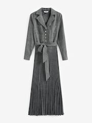 Grey Check Pleated Long Sleeve Midi Dress - Image 4 of 5