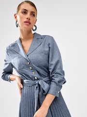 Blue Pleated Long Sleeve Midi Dress - Image 4 of 6