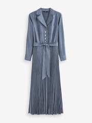 Blue Pleated Long Sleeve Midi Dress - Image 5 of 6