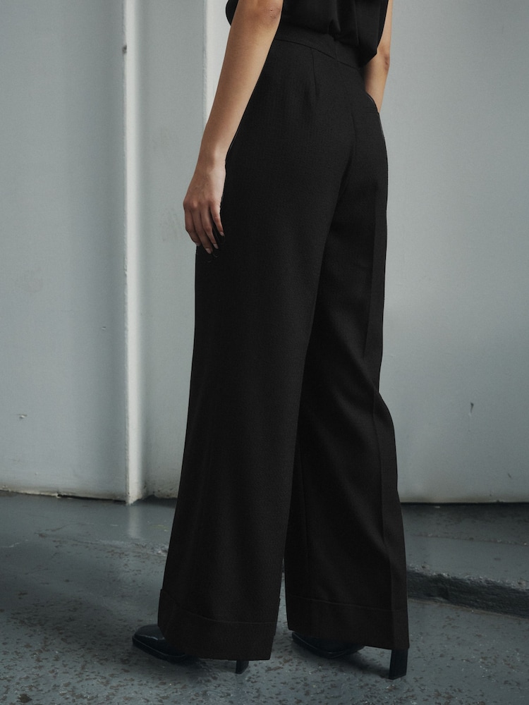 Black Premium Button Detail Wide Turn-Up Trousers - Image 2 of 11