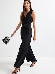 Black Panel Detail Belted Jumpsuit - Image 1 of 6