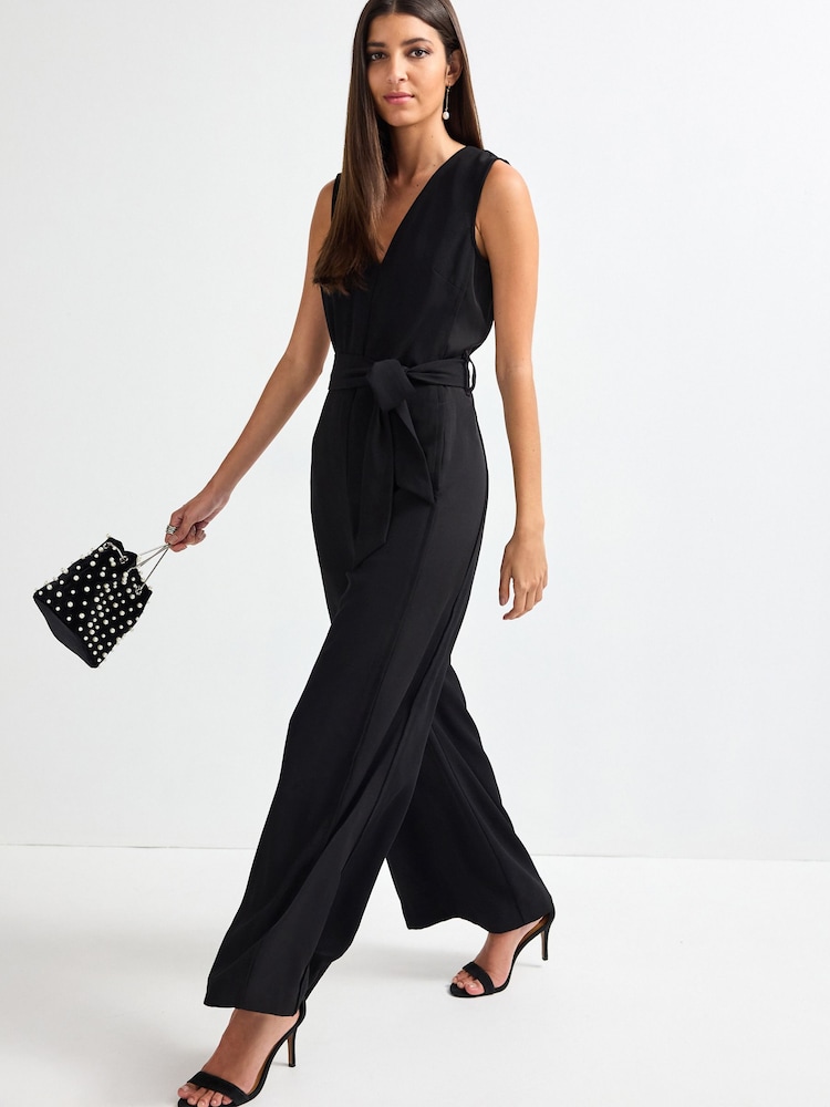 Black Panel Detail Belted Jumpsuit - Image 1 of 6