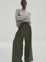 Khaki Green Premium Pleated Wide Leg Trousers - Image 1 of 9