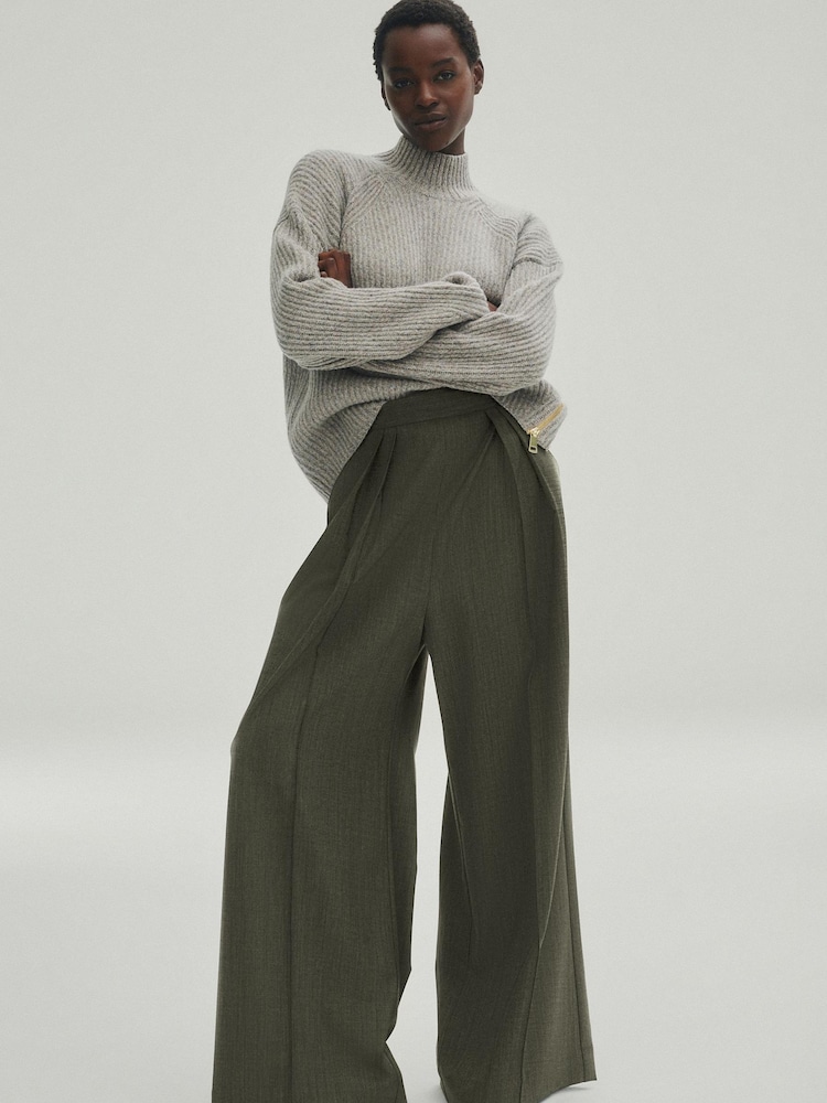 Khaki Green Premium Pleated Wide Leg Trousers - Image 1 of 9