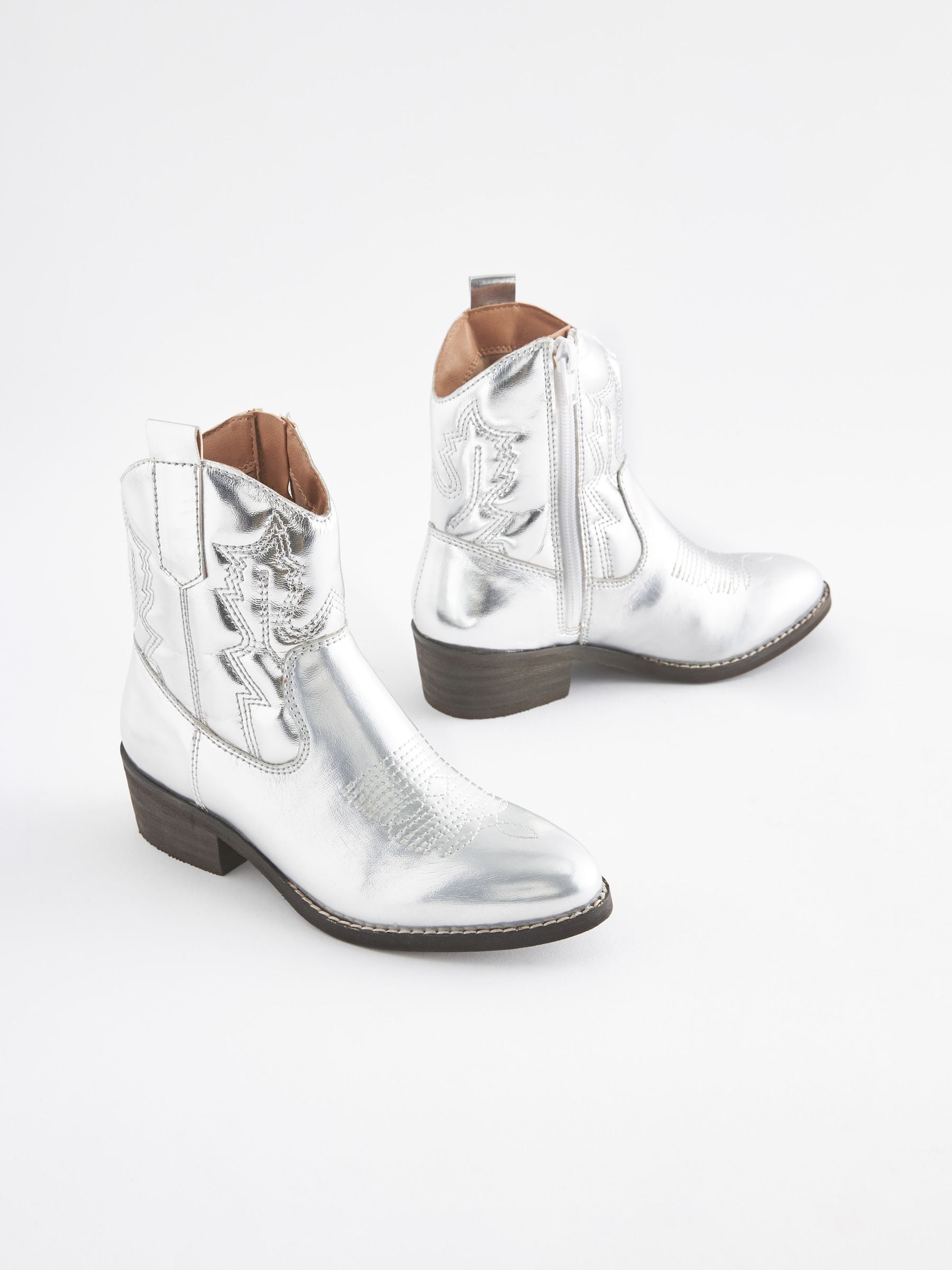 Buy Silver Metallic Western Cowboy Heeled Boots from Next Luxembourg