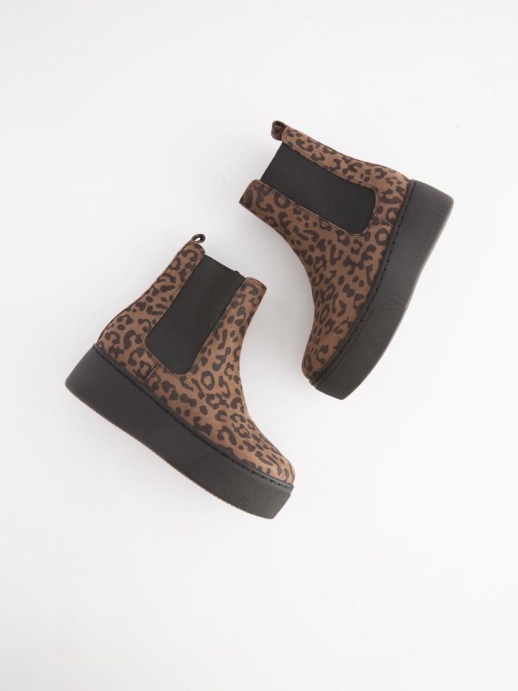 Tan Brown Animal Print Chunky Chelsea Boots - Image 1 of 7 Tan Brown Animal Print Chunky Chelsea Boots - Image 1 of 7