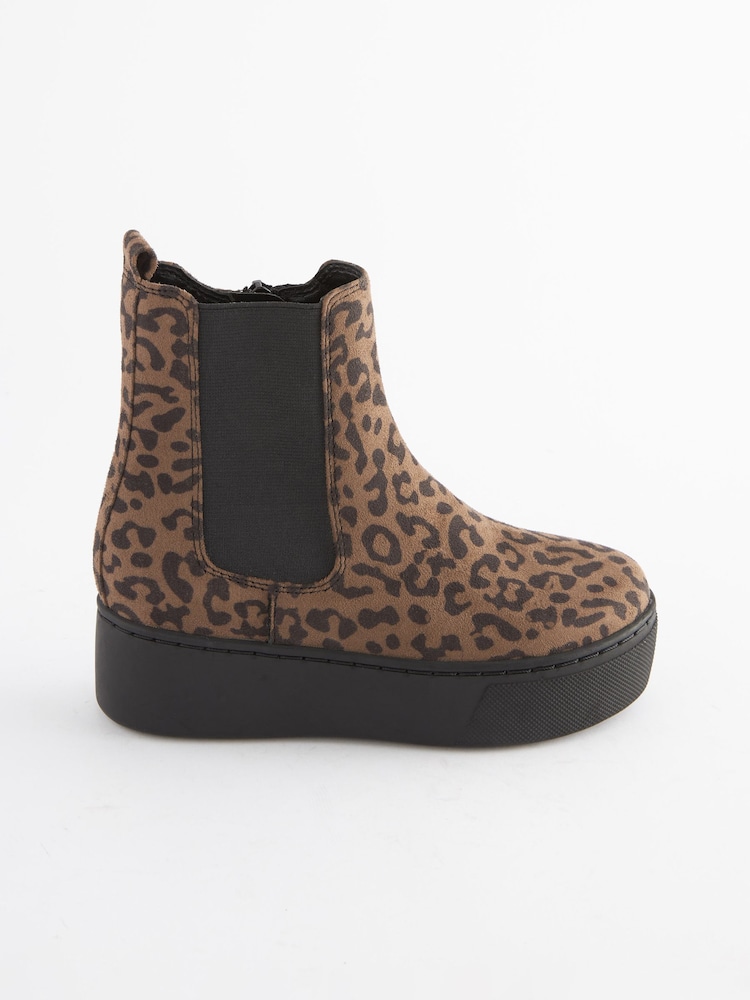 Tan Brown Animal Print Chunky Chelsea Boots - Image 2 of 7 Tan Brown Animal Print Chunky Chelsea Boots - Image 2 of 7
