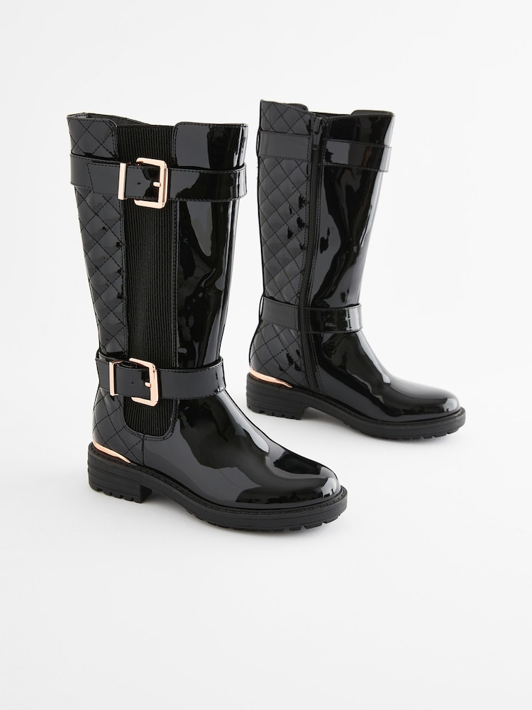 Black Patent Tall Quilted Buckle Boots - Image 1 of 5