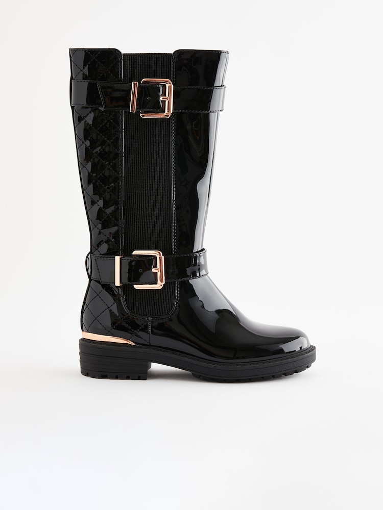Black Patent Tall Quilted Buckle Boots - Image 2 of 5 Black Patent Tall Quilted Buckle Boots - Image 2 of 5