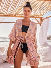 Rainbow Stripe Print Longline Tie Waist Kimono Cover-Up - Image 1 of 5