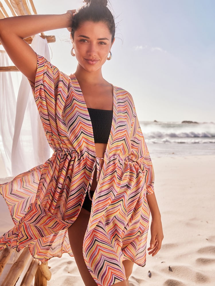 Rainbow Stripe Print Longline Tie Waist Kimono Cover-Up - Image 2 of 5