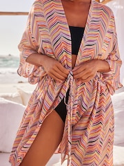 Rainbow Stripe Print Longline Tie Waist Kimono Cover-Up - Image 3 of 5