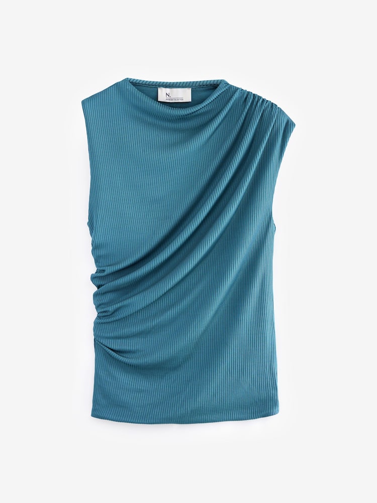 Teal Blue Premium Asymmetric Drape Top - Image 2 of 6