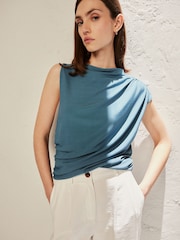Teal Blue Premium Asymmetric Drape Top - Image 4 of 6