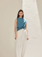 Teal Blue Premium Asymmetric Drape Top - Image 5 of 6