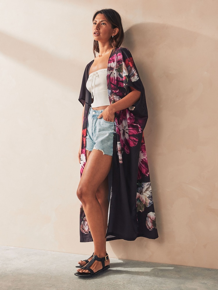 Black Floral Maxi Kimono Cover-Up - Image 2 of 6