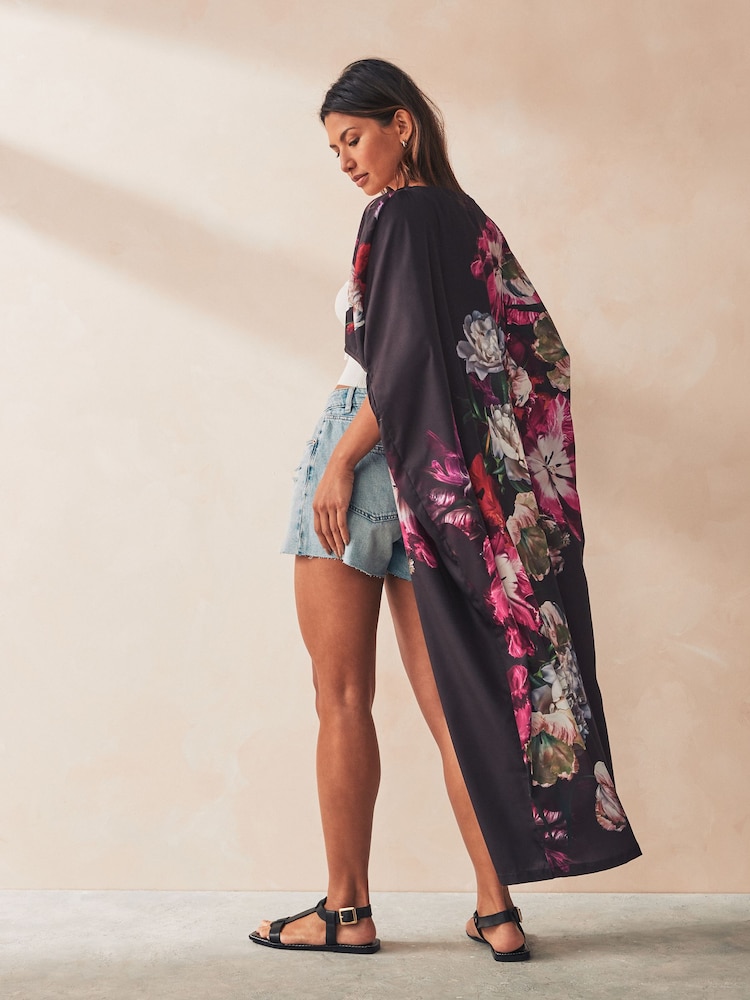 Black Floral Maxi Kimono Cover-Up - Image 3 of 6