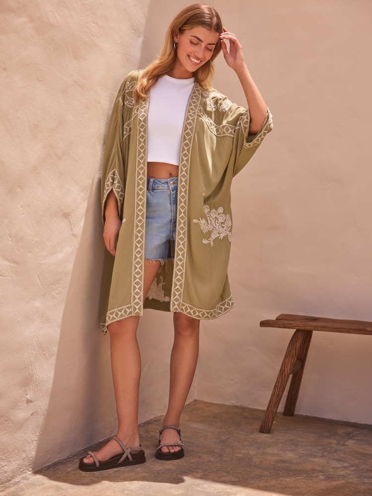 Green Butterfly Longline Embroidered Kimono Cover-Up - Image 2 of 8