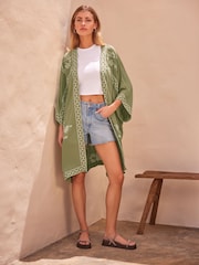 Green Butterfly Longline Embroidered Kimono Cover-Up - Image 3 of 8