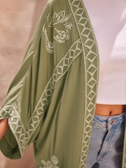 Green Butterfly Longline Embroidered Kimono Cover-Up - Image 6 of 8