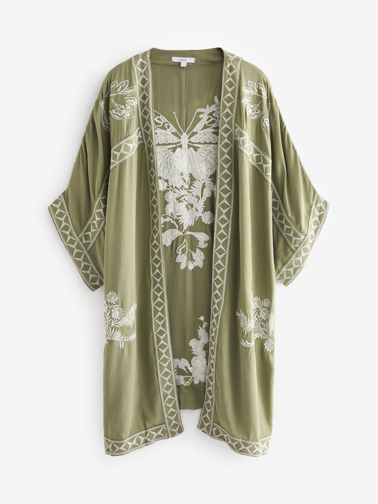 Green Butterfly Longline Embroidered Kimono Cover-Up - Image 7 of 8