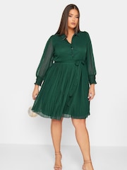 Yours Curve Green London Dobby Pleat Shirt Dress - Image 1 of 4