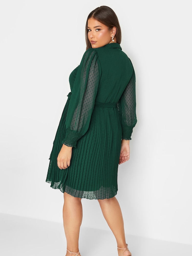 Yours Curve Green London Dobby Pleat Shirt Dress - Image 2 of 4