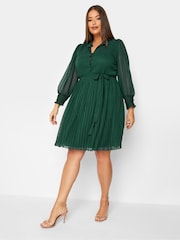 Yours Curve Green London Dobby Pleat Shirt Dress - Image 3 of 4