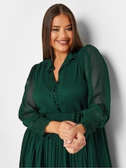 Yours Curve Green London Dobby Pleat Shirt Dress - Image 4 of 4