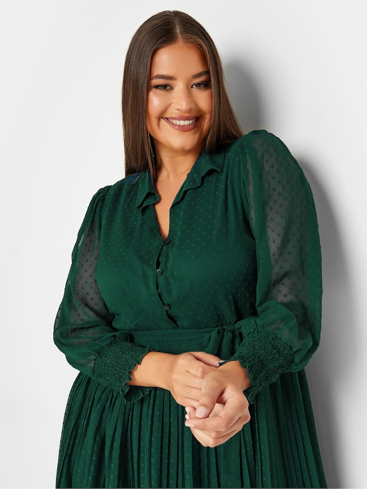 Yours Curve Green London Dobby Pleat Shirt Dress - Image 4 of 4