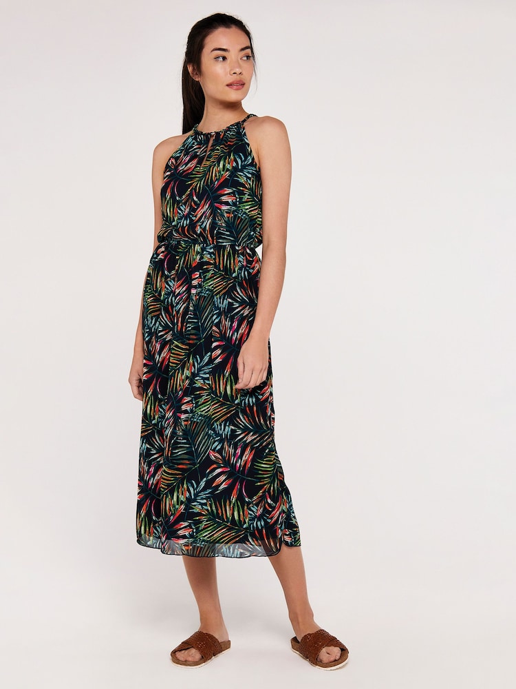 Apricot Blue Palm Pop Rope Neck Midi Dress - Image 1 of 4