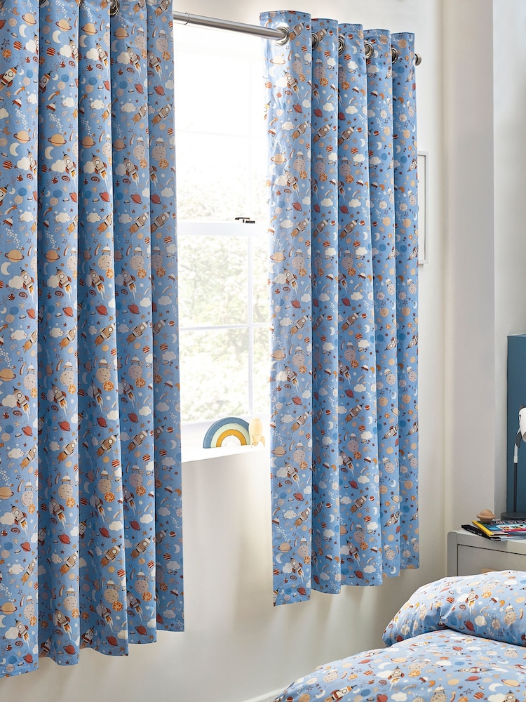 Blue Space Rocket and Planets Eyelet Blackout Curtains - Image 1 of 4